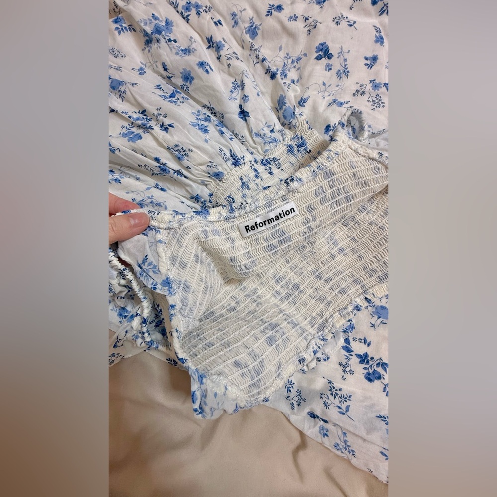 Reformation Blue Floral Midi Dress XS Smocked Cotton Summer Dress - Picture 2 of 7